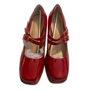 COUTGO Women’s Red Platform High Chunky‎ Buckle Pumps Size 8.5 New With Defects